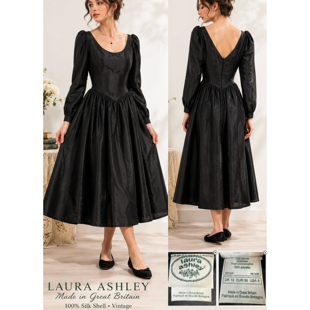 Vintage Laura Ashley 100% Silk Midi Dress Made in Great Britain Black Size 8